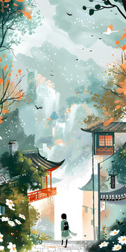 雪落古城，少女漫步