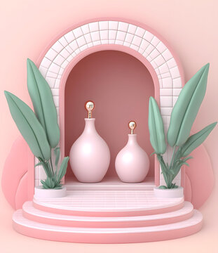 粉色白色几何图形和植物的极简3D渲染