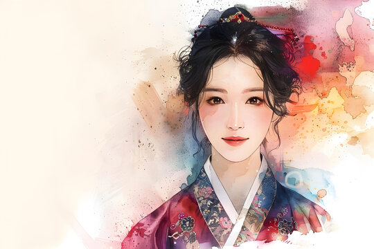身穿韩国传统服饰的年轻韩国女性肖像