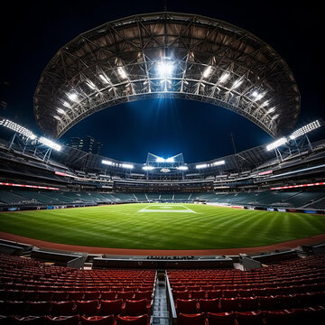 一座空空的棒球场在夜晚亮着灯