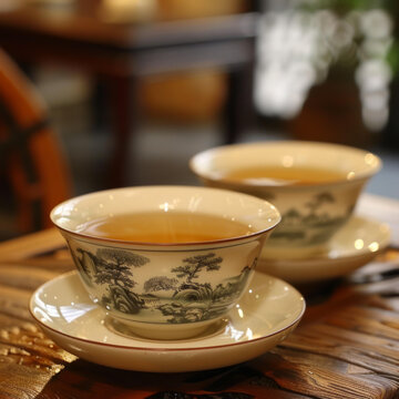 两只盖碗茶杯里面装着茶水放在木质桌子上