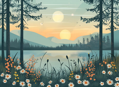 森林湖泊日落风景