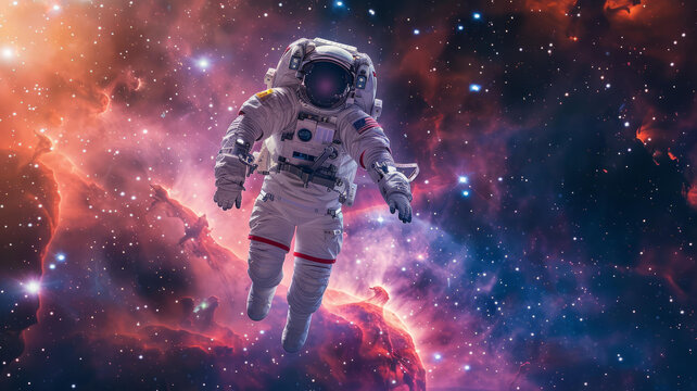身穿宇航服的宇航员在浩瀚的太空中漂浮