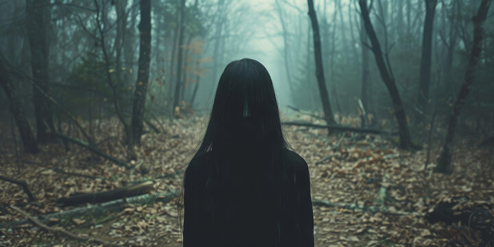 一个长发黑发女孩站在一片黑暗的森林里