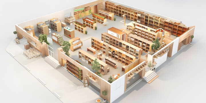 木质结构的杂货店内部设计3D图