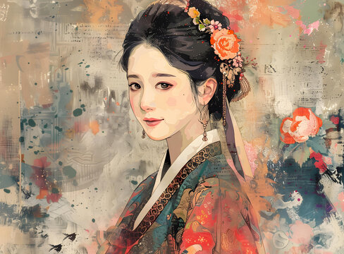 身穿韩国传统服饰的年轻韩国女性的肖像