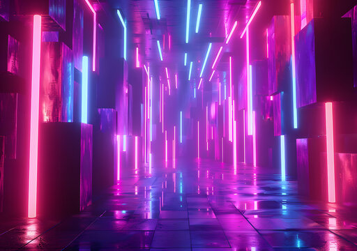紫色和蓝色霓虹灯走廊抽象背景