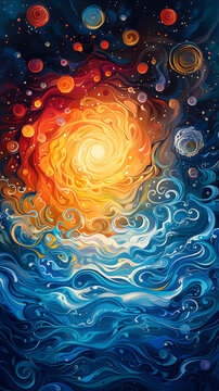 一幅描绘太阳从波涛汹涌的大海中升起的抽象画，背景中有星星和行星