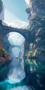 奇幻风景画河流上空石桥