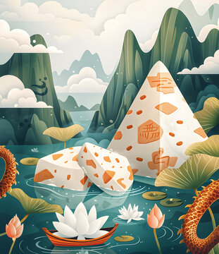 一只龙飞过一个漂浮在湖泊中的金字塔形状的粽子，周围是山脉