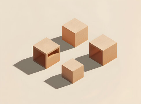 简约木质立方体几何形状 3D 渲染