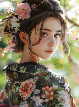 一个身穿和服的美丽亚洲女人的肖像，她的头发上装饰着鲜花