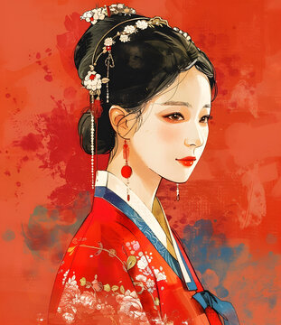 身穿红色传统服饰的韩国女性