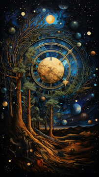 奇幻风景画天空中的时钟