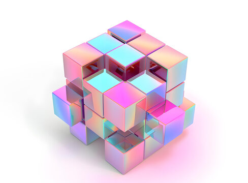 彩虹色全息立方体抽象艺术