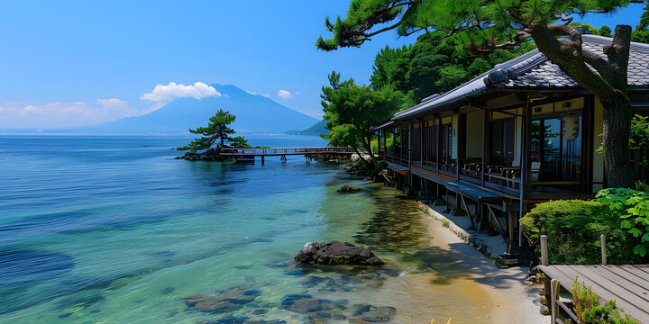 日本传统房屋湖泊山景