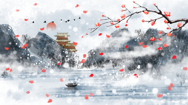中国风冬天水墨山水画