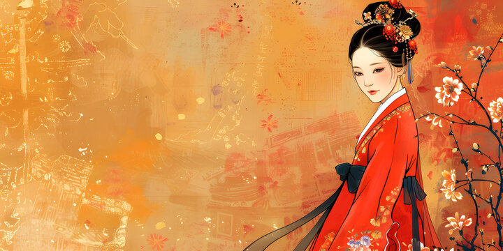 身穿汉服的中国古代仕女图