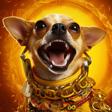 戴金项链和耳机的吉娃娃犬露出惊讶的表情