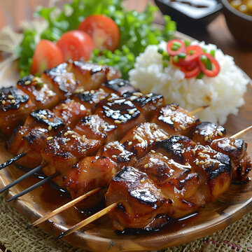 一盘沙爹鸡肉串配米饭和蔬菜