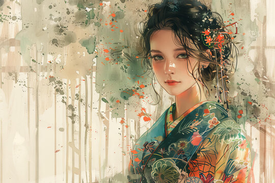 身穿和服的日本女性插图，她的头发上装饰着红色和白色的花朵