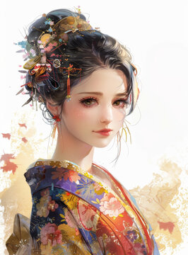 身穿和服的美丽日本女性插图，她的发型和发饰都很传统。