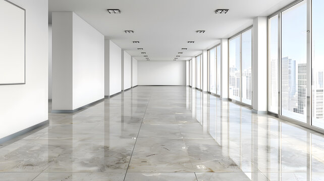 现代化空旷的办公室走廊，城市景观