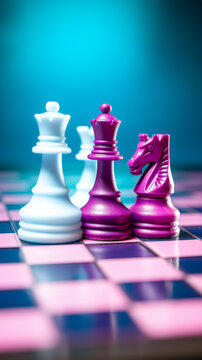 国际象棋棋盘上的紫色棋子蓝色背景