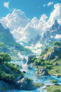 奇幻山川河流风景画
