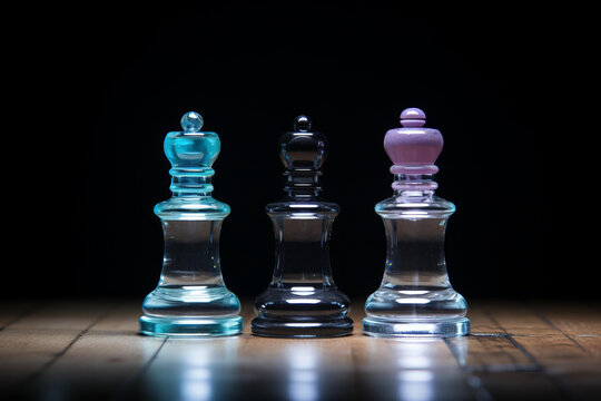 三个玻璃国际象棋棋子摆放在木质棋盘上