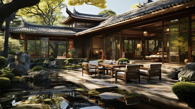 带美丽花园的四合院