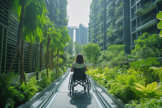 坐在轮椅上的残疾人在城市街道上