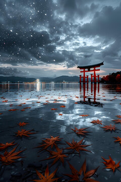 夜晚漂浮在水面上的红色鸟居门