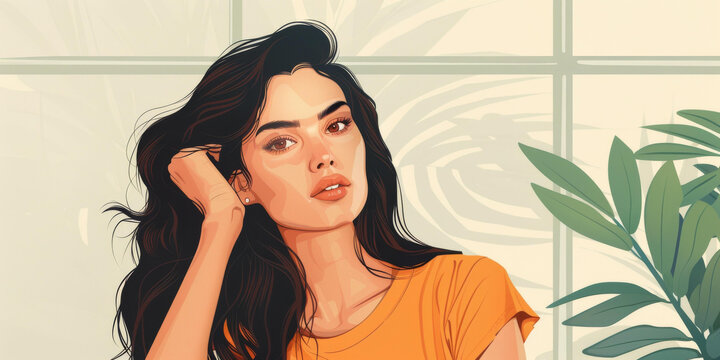 一个身穿橙色上衣的深色长发年轻女人的插图
