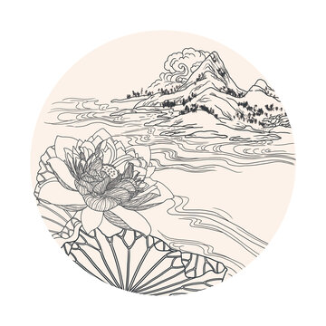 荷花山水线稿