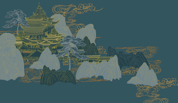 新中式描线建筑山水画