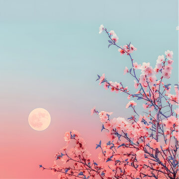 粉红花朵与满月
