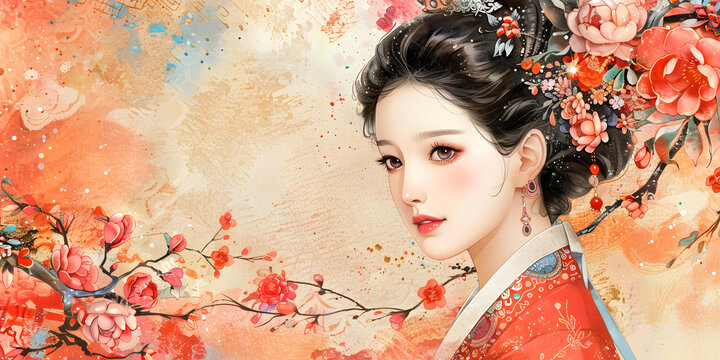 身穿汉服的中国古代仕女图，手持团扇，面容姣好，衣袂飘飘，周围有盛开的桃花