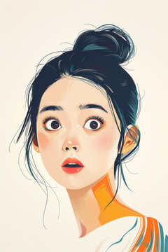一个黑发惊讶表情的年轻女人的插图