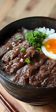 日式牛肉饭配鸡蛋和葱花