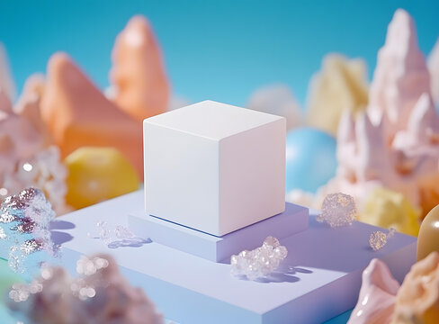 白色立方体模型在浅蓝色平台上的抽象形状背景