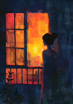 一个女人在窗前看日落的画