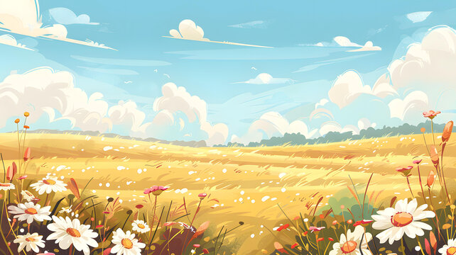 夏日田野风景，充满阳光和 daisies