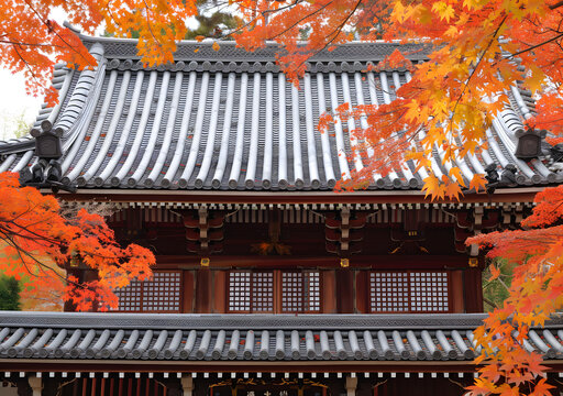 红叶秋日里的日本寺庙