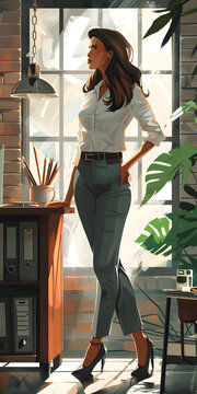 职场女性在窗边办公