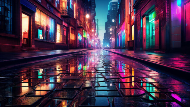 雨夜城市街道五彩灯光倒映在湿漉漉的路面上