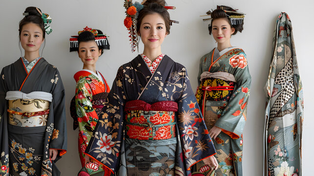 四位身穿传统和服的日本女性