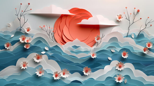 分层剪纸插图，描绘了樱花盛开的风景，其中有红色的太阳和蓝色的波浪