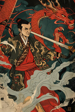 日本武士龙纹身持剑
