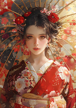 身穿传统和服的美丽亚洲女子